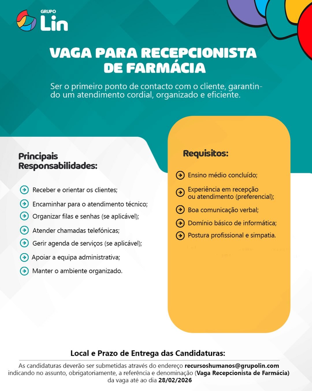 Vaga para Recepcionistas 