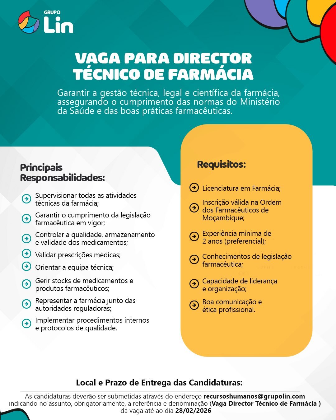 Vaga para Director Técnico de Farmácia 