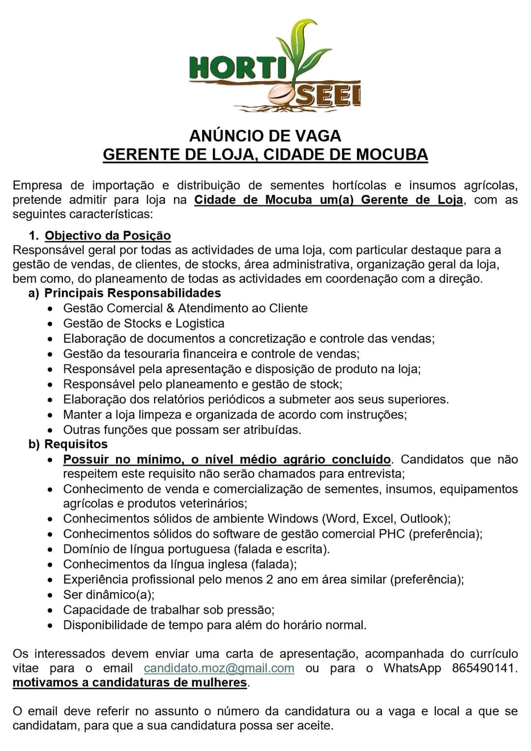 Vaga para Gerente de Loja -Mocuba