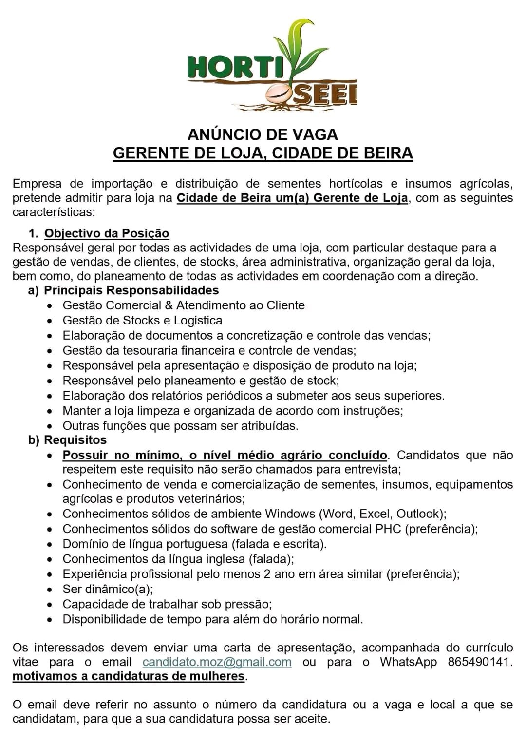 Vaga para Gerente de Loja