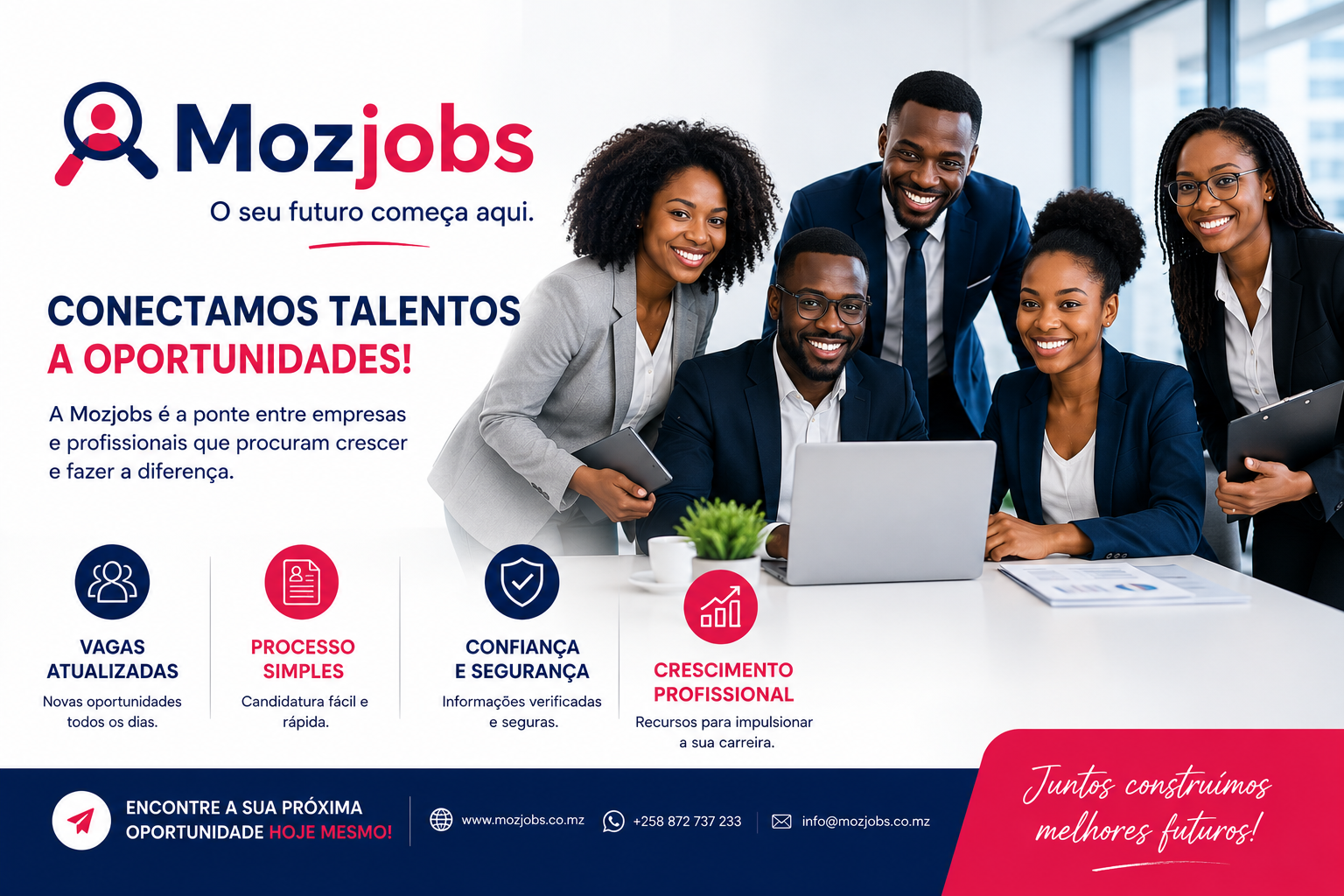 Banner principal da MOZJOBS com profissionais em ambiente de escritório